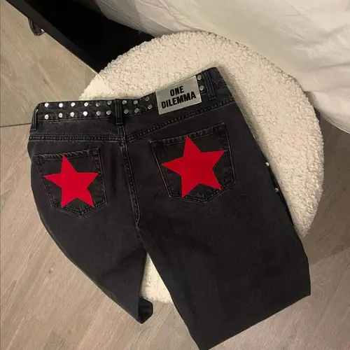 Imagen 2 del producto ONE DILEMMA, pantalones vaqueros Vintage Y2K para mujer, diseño de estrella, pantalones vaqueros con remaches de Metal, pantalones vaqueros de pierna recta informales holgados para mujer, ropa para mujer