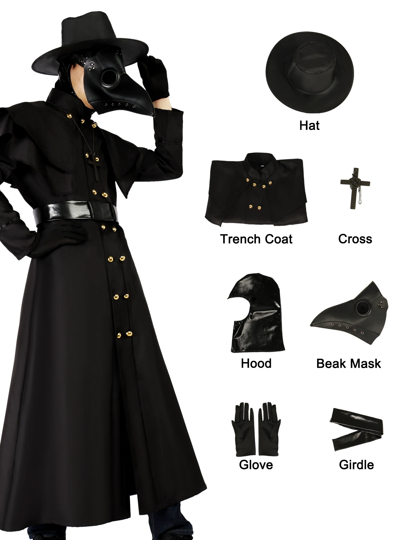 Plague Doctor Cosplay Costume Halloween Adult Medieval Bird Beak Doctor Outfit Gothic Cosplay Full Set