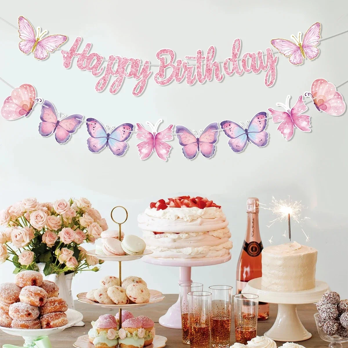 Bannière rose joyeux anniversaire avec pendentif de danse papillon, guirlandes de princesse pour filles, décorations de fête de 1er joyeux anniversaire