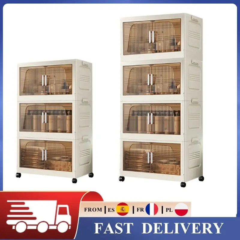 Boîtes de rangement empilables avec roulettes et portes, bacs en plastique transparent pliables, armoire de rangement pour vêtements, couvertures, jouets, organisateur de placard