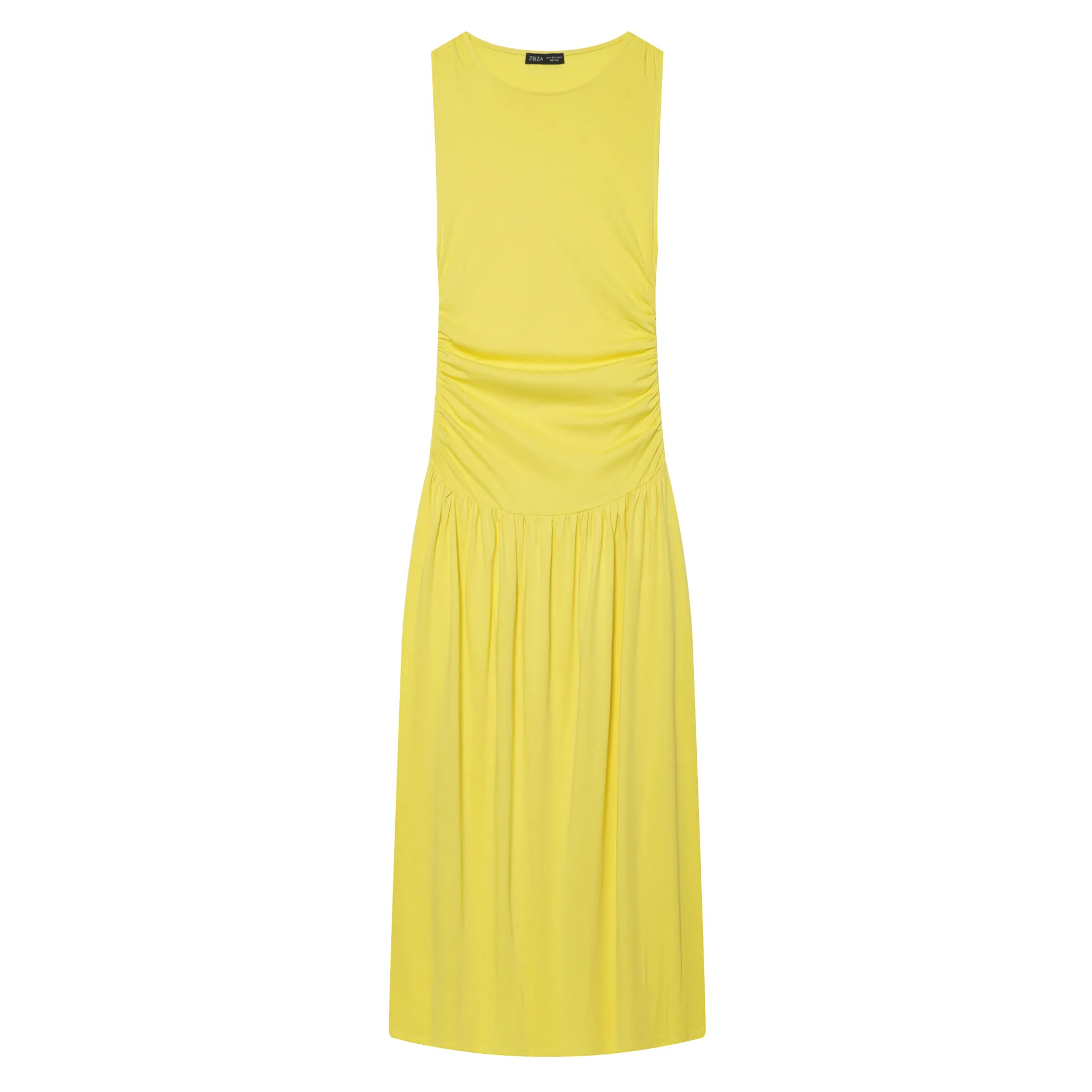 

Women Yellow Sleeveless Midi Dress Ruched Waist O Neck Elegant Casual A Line Pleated Sundress Summer Beach Cotton Tank Vestidos