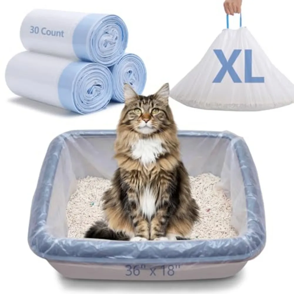 30 Count Cat Litter Box Liners Garbage Bag 36 X 19 in 3 Mil Drawstring Heavy-Duty Extra-Thick Bags Tear And Leak Resistant Odor Barrier Jumbo Fit 3 Rolls