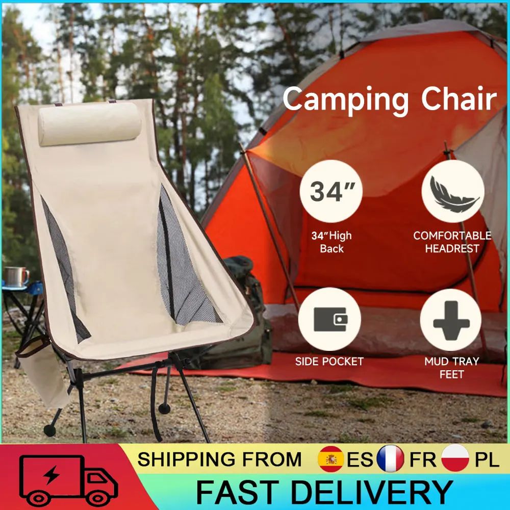 Chaise de camping portable d'extérieur légère avec dossier, chaise lune pliable en alliage d'aluminium facile à transporter pour la plage et les pique-niques