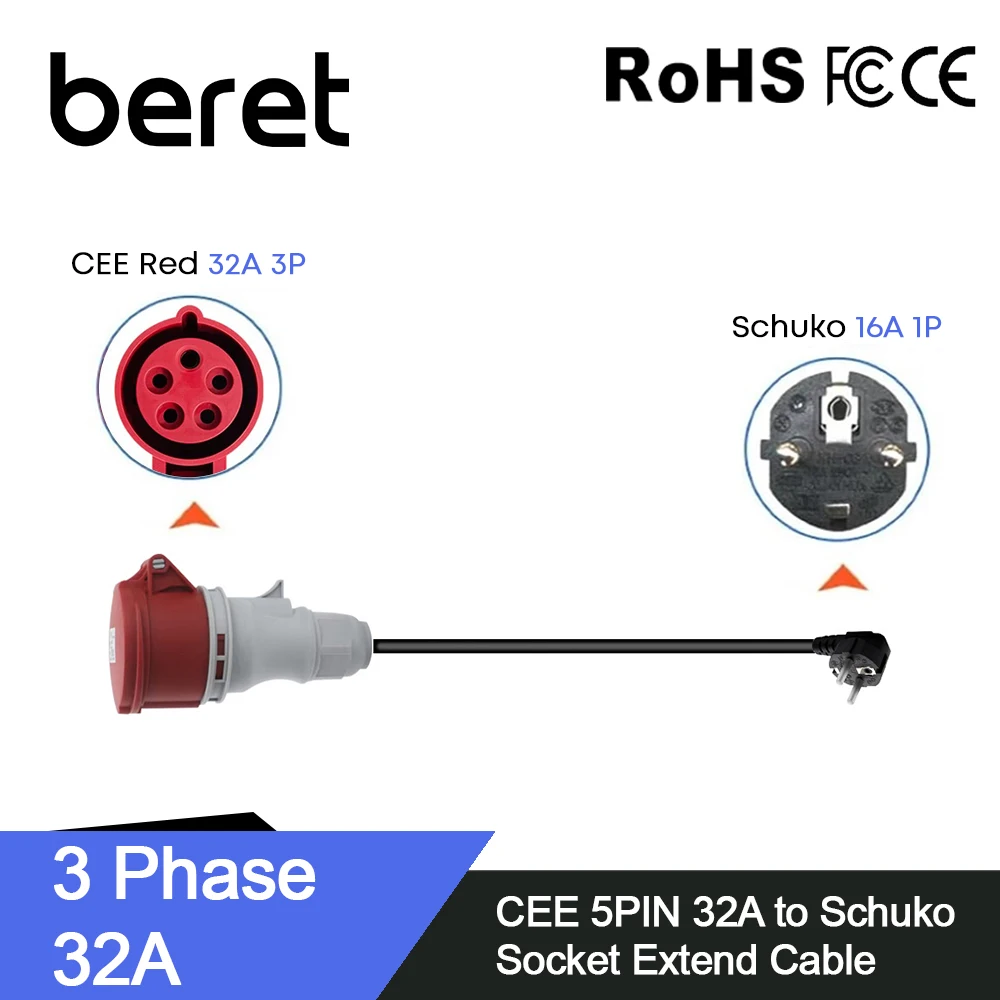 

Beret EV Charger Schuko Plug to CEE 5 PIN Red Female Plug Socket Adapter Connect with 16A/32A 3 Phase 7.2KW Portable Charger