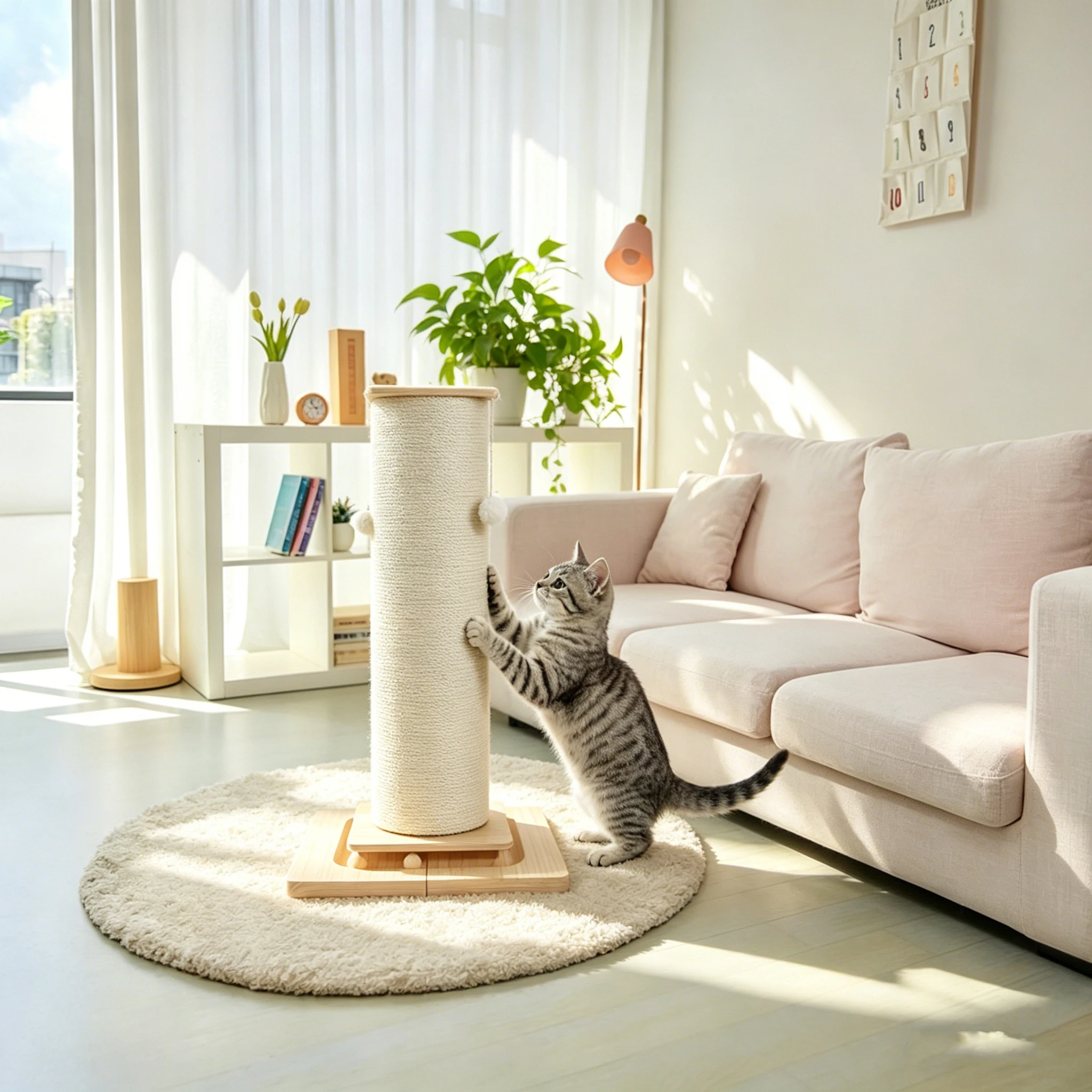 Griffoir pour chat 80/60CM avec jouet boule suspendue, planche à griffer et structure d'escalade, grande surface de griffage