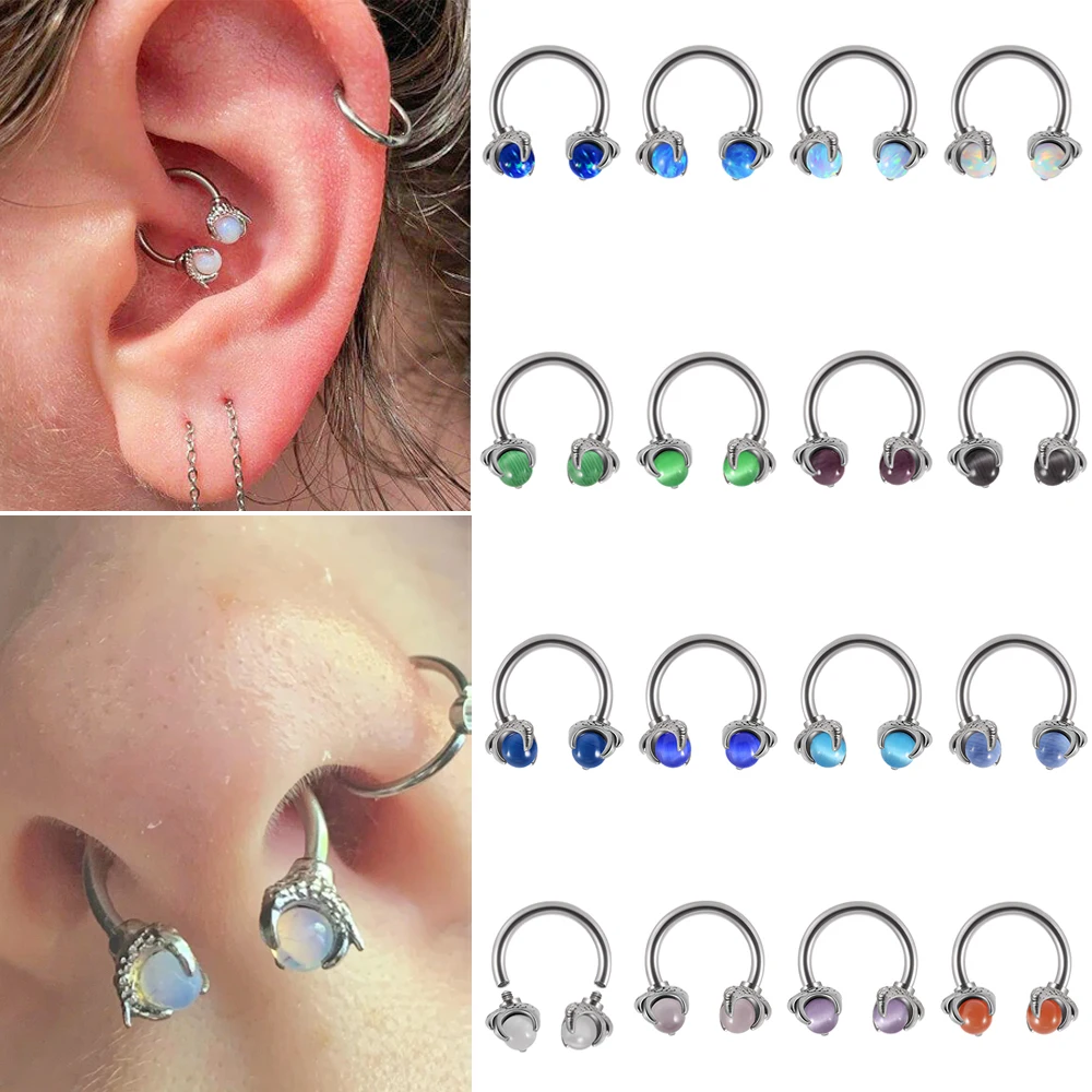 1PC 316L Surgical Steel Dragon Claw Stone Horseshoe Barbell Prong Opal CBR Ring Tragus Cartligae Earrings Daith Piercing Jewelry