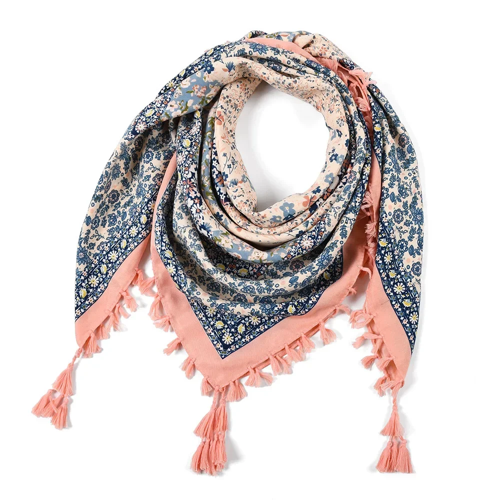 Écharpe bohème pour femme, châle enveloppant d'hiver, rétro, pompon Floral, grande écharpe carrée, Foulard en coton