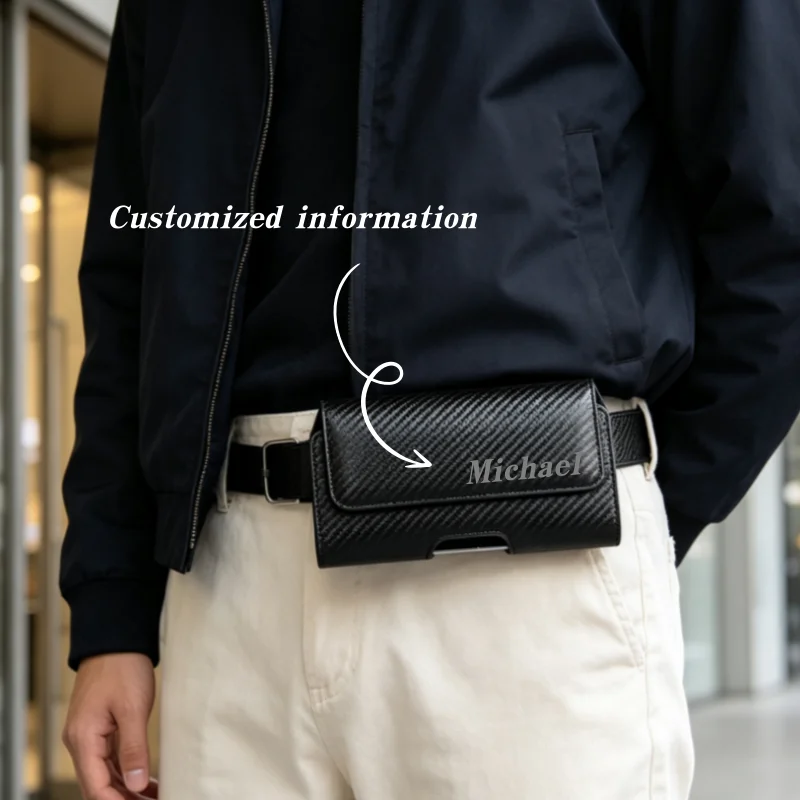 Customizable Phone Waist Bag, Carbon Fiber Pattern PU Magnetic Flap Holster With ID Card Slot, Belt Pouch For Outdoor Hiking