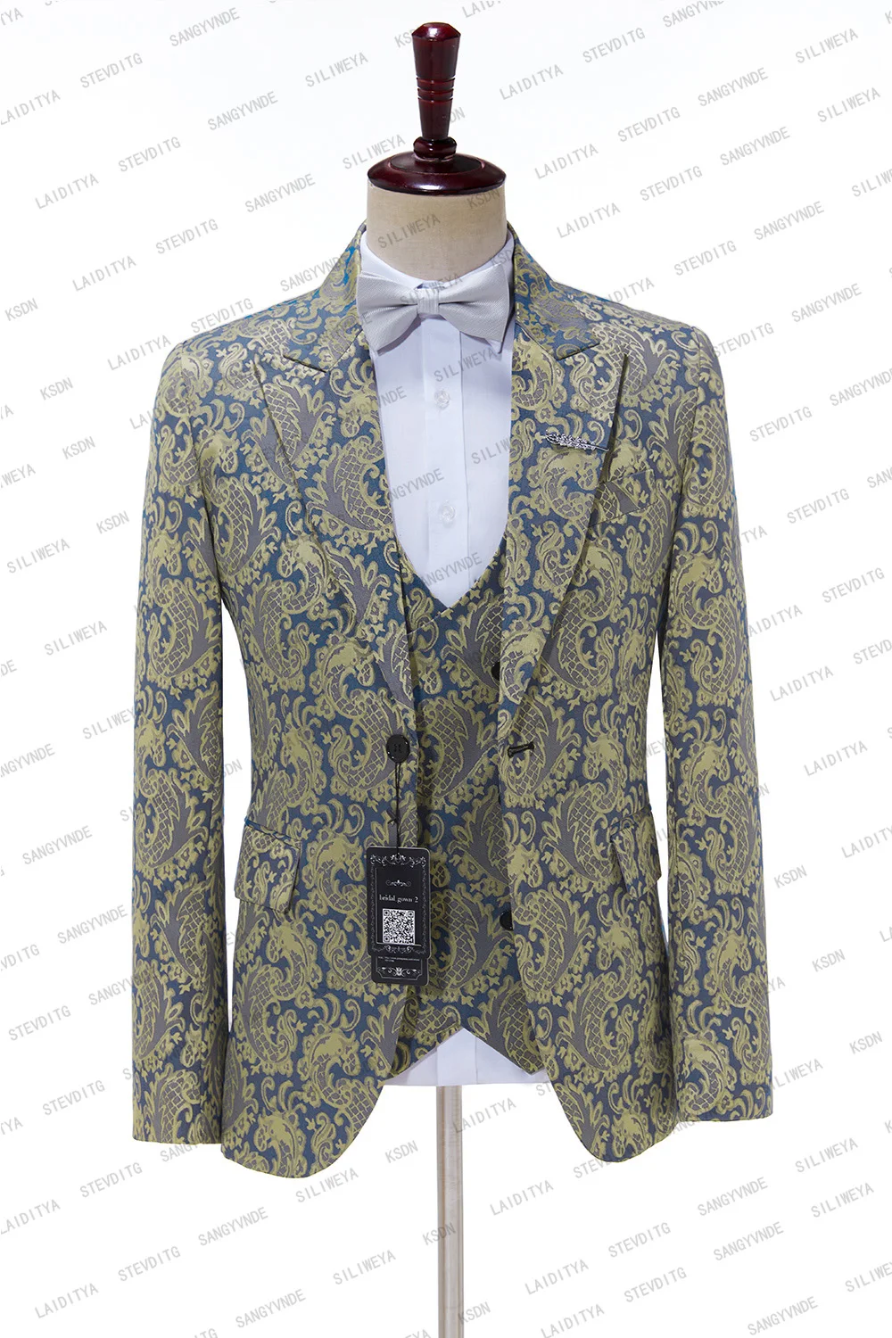 2023 Luxury Wedding Tuxedo For Groom Slim Fit Men Suits Blue Yellow Printed Peak Lapel Costume Homme 3 Pcs Set Blazer Vest Pants