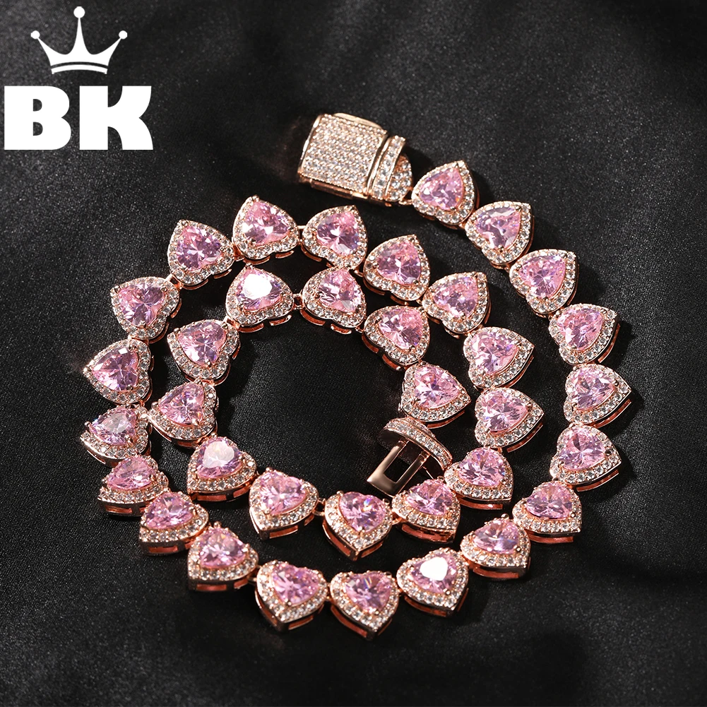 THE BLING KING 10mm Heart Crystal Chain Necklace For Women Big Pink Cubic Zirconia Stone Iced Out Tennis Choker Romantic Jewelry