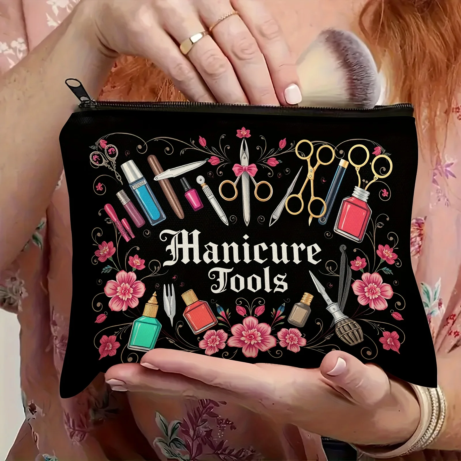 1Pc Nail Art Tool, Multi-Functional Travel Makeup Bag with Vibrant Floral Retro Design, Snack Storage Bag, Stationery Storage Bag, Fashionable Toiletry Bag, Canvas Double-Sided Printed Zipper Pouch