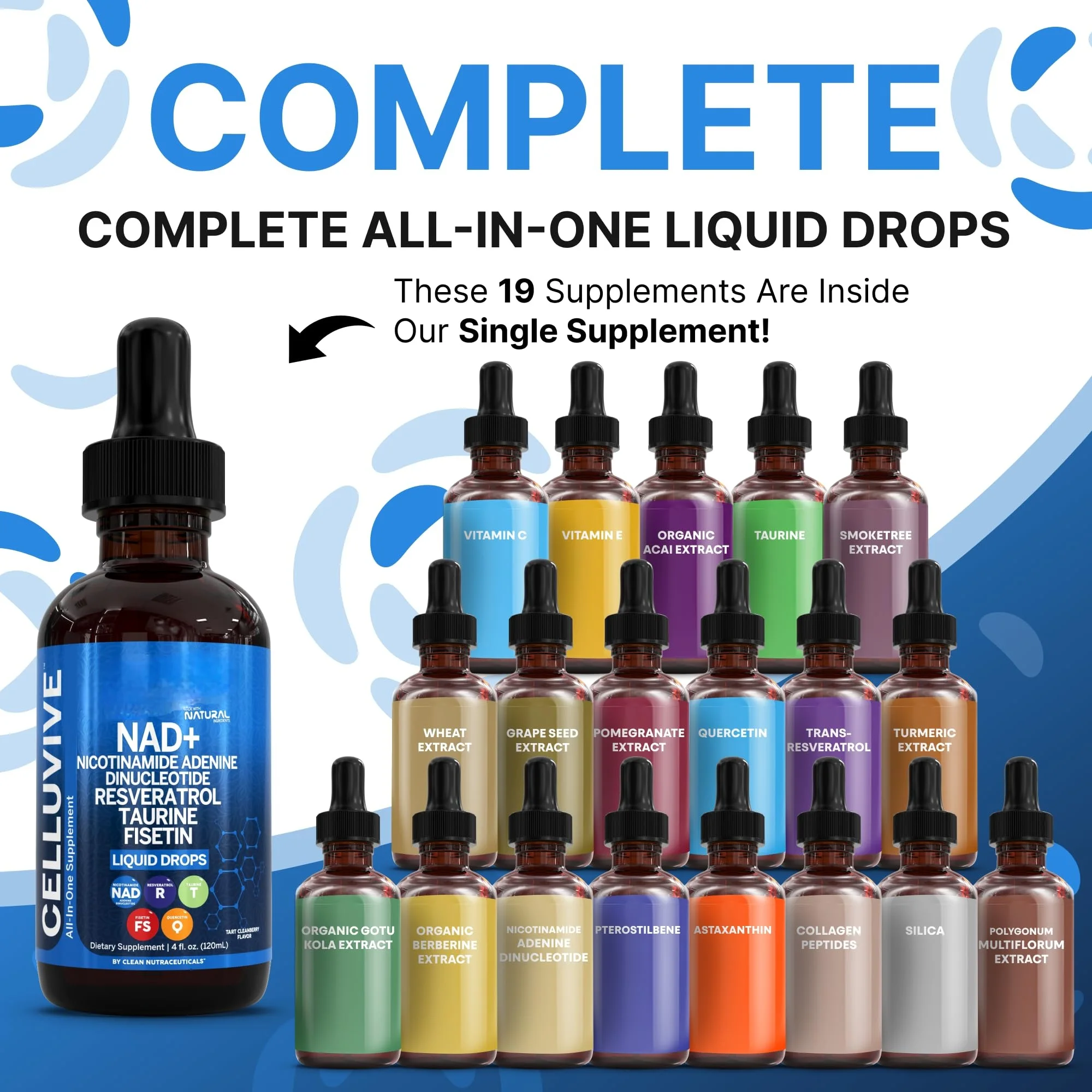 Clean Nutra NAD Liquid Supplement Drops Resveratrol Polyphenols Liposomal Taurine Fisetin Grape Seed Extract Japanese Knotweed Fo Ti Anti Aging NAD+ Nicotinamide Adenine Dinucleotide for Women & Men