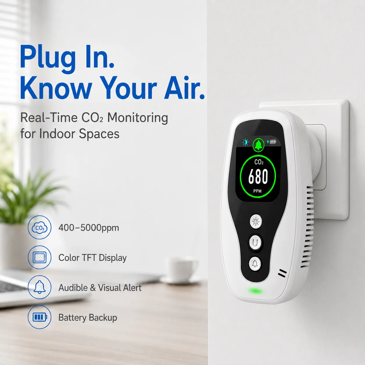 FABISENSE PTH-252N Plug-in Co2 Detector, NDIR Carbon Dioxide Air Quality Monitor, 400-5000 PPM, Color Display & Adjustable Alarm