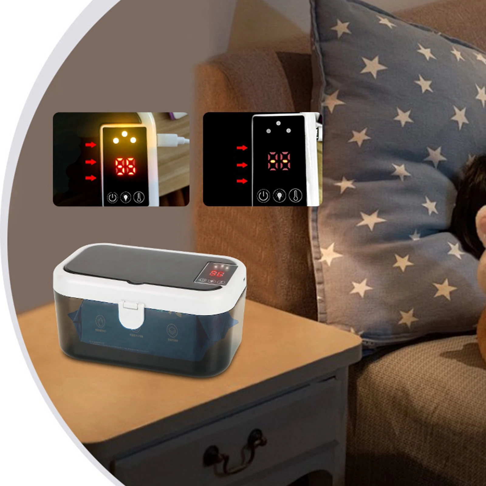 휴대용 USB 아기 물티슈 디스펜서, 차량, 가정, 침실용 지능형 온도 조절 기능 탑재