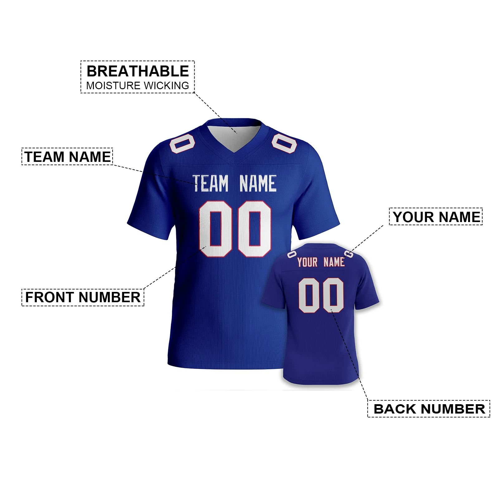 

Изготовленный на заказ синий трикотаж для американского футбола, персонализированный футбольный топ с номером имени команды, футбольная рубашка для мужчин, женщин, молодежи, детей, болельщиков