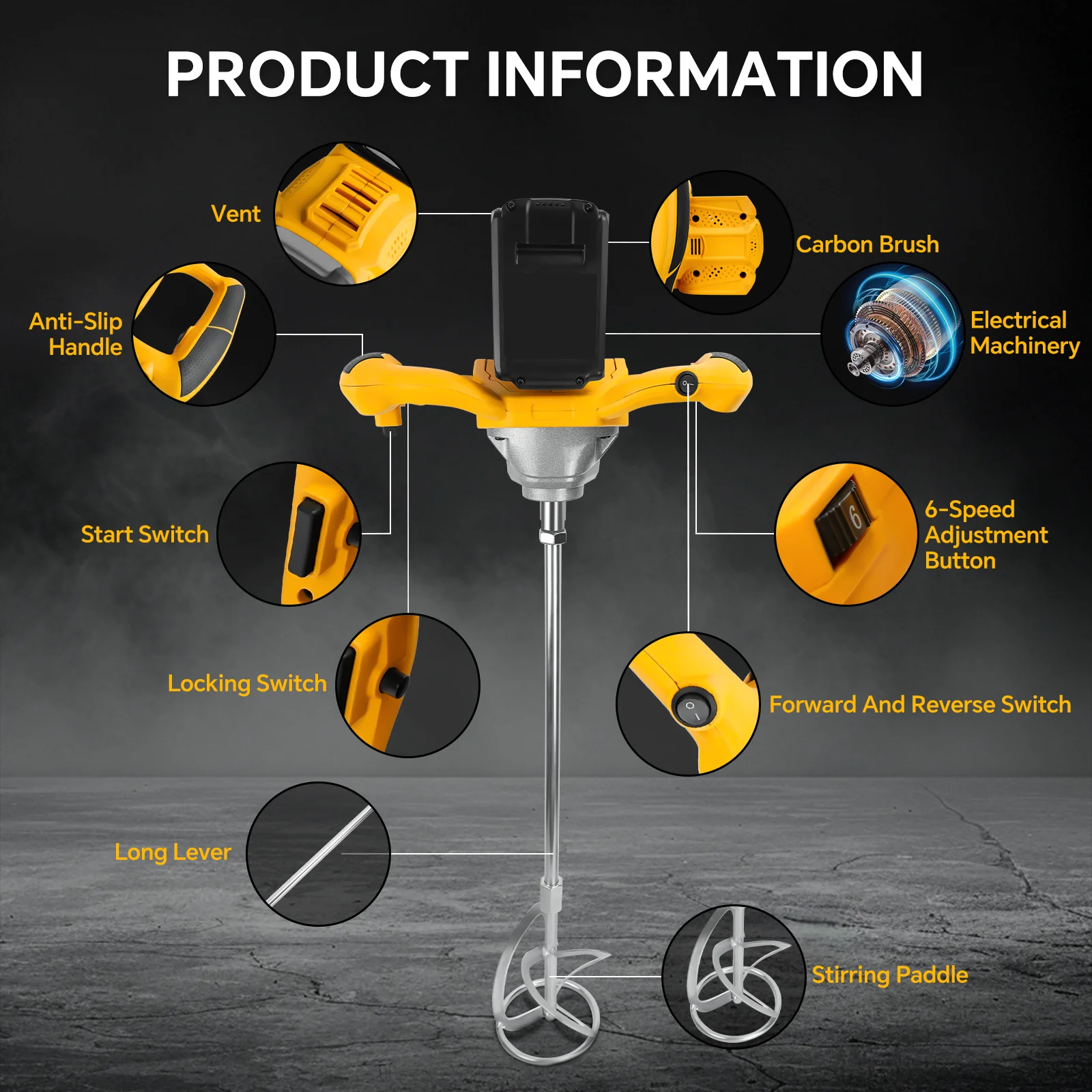 Brushless Cement Mixer 1200W 26000RPM Electric Concrete Mixer Portable Paint Mud Mixer with 6 Speed for Dewalt 20V Battery