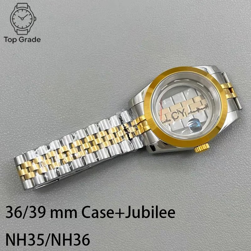 TG NH35 316L Stainless Steel Case 36mm/39mm Silver Gold Case+Jubilee Strap Sapphire Magnifying Glass Case Fit NH35/NH36 Movement