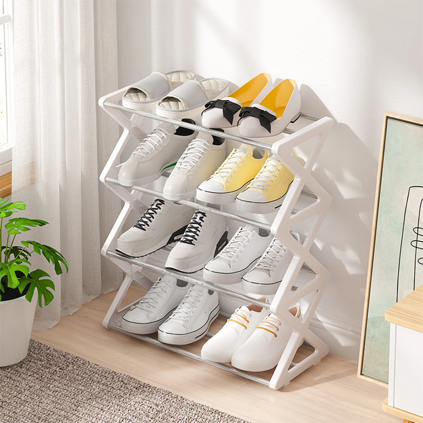 4 Layer X-Shaped Steel  Dustproof Shoe Rack Tubes X Frame Shoe Rack Anti Slip For Wet/Dry Shoes Folding Shoe Rack Space Saving