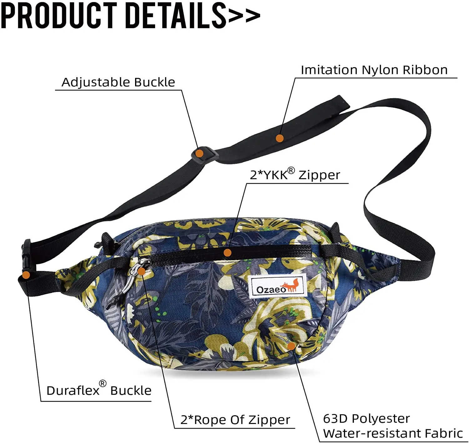 2L travel waist bag, water resistant, lightweight, hiking fanny pack with 3 zipper pockets and adjustable strap