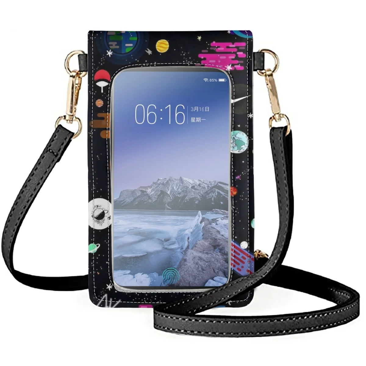 Outer Space Night Sky Unisex Clamshell Cell Phone Bags Nebula Spiral Galaxy Messengers Satchel Women's PU Purse Simple Fashion