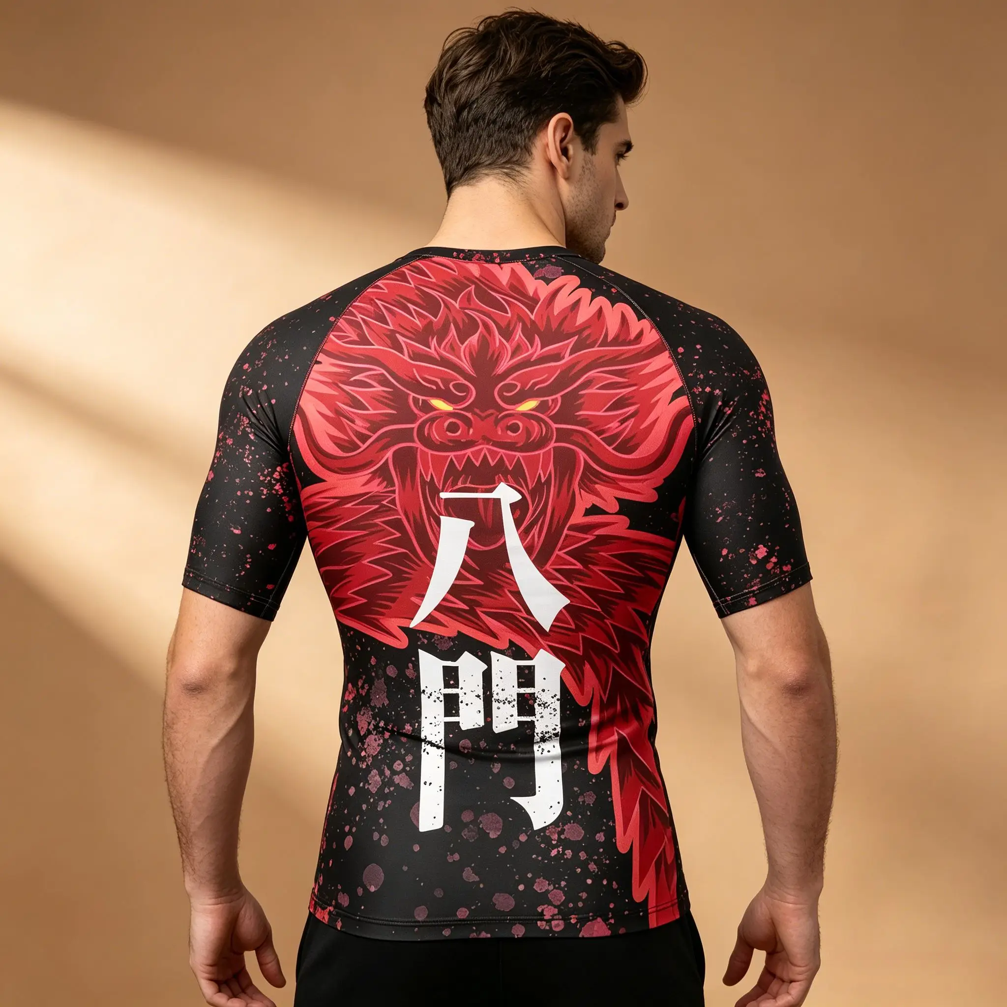 Herren Naruto Might Guy Eight Gates Dragon Doppelseitiges Kompressions-Rashguard Anime Workout Kurzarm-T-Shirt – Detail 3
