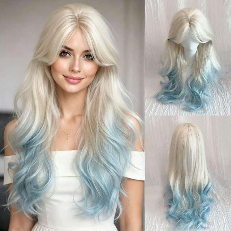 MEISU 26 Inch Women's Long Curl Wig in Platinum Gradient Blue Full Head Cover with Rose Inner Net for Daily Lolita Style Hair
