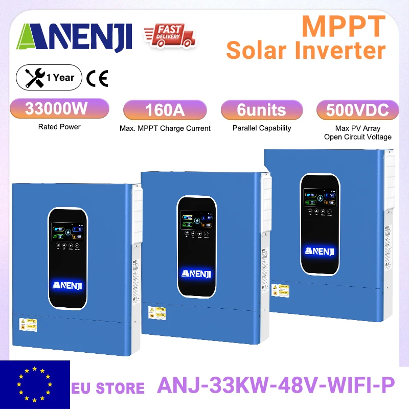 ANENJI 33KW 48V Hybrid-Solarwechselrichter 3-Phasen-MPPT-Wechselrichter mit reiner Sinuswelle 160A Off Grid/On-Grid Solarregler PV 500VDC WiFi