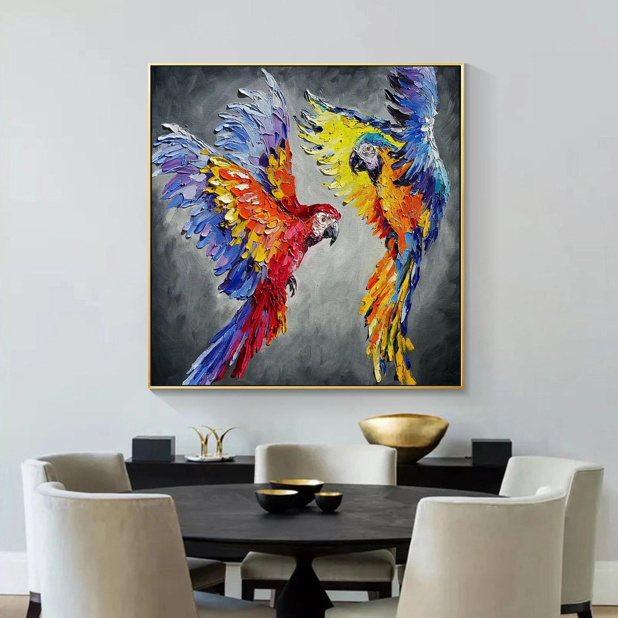 Colorful Parrot Acrylic Animal Painting On Canvas Large Wall Art Palette Knife Textured Hand-Painted Modern Living Room Wall Art