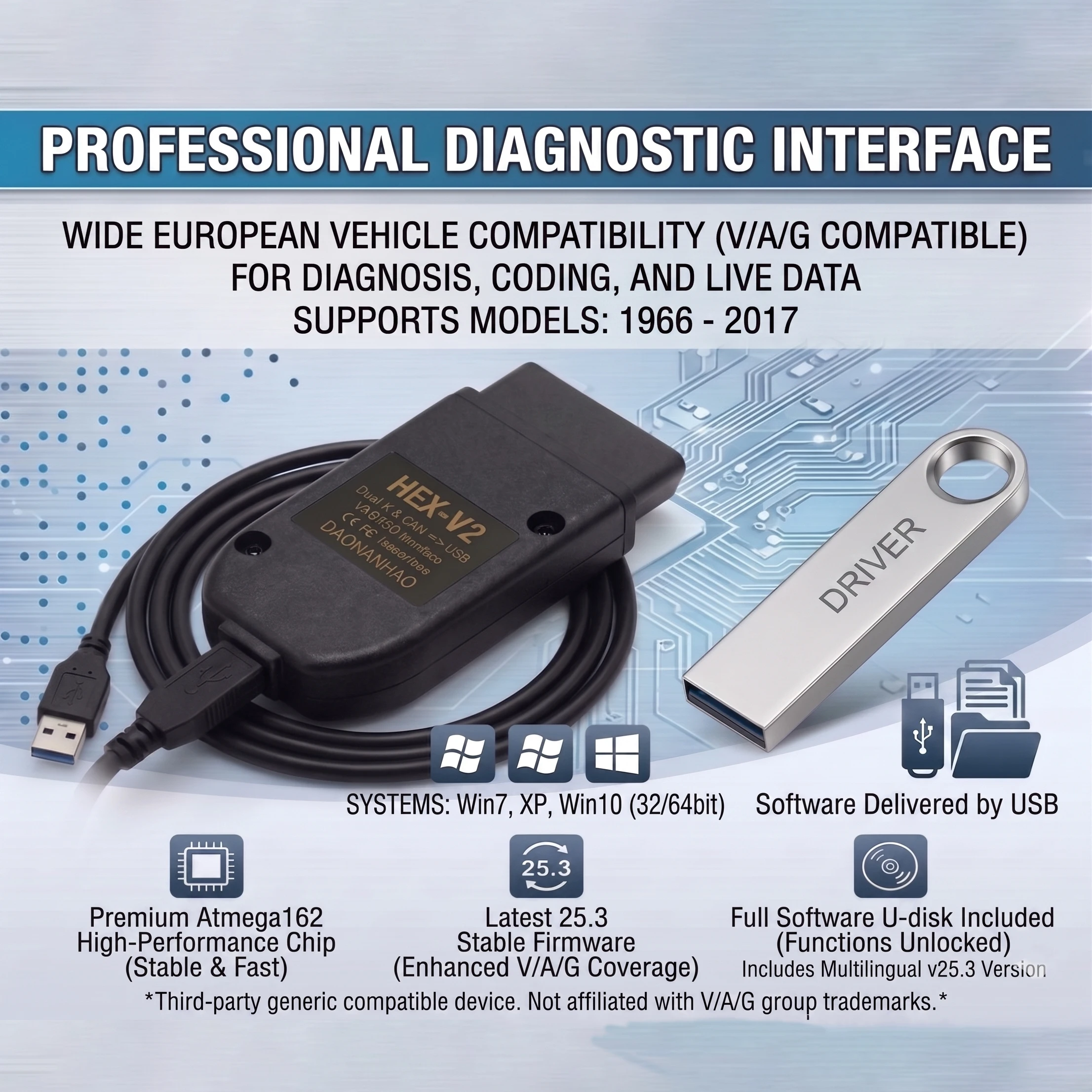 2026 VCDS 25.3 HEX V2 OBD2 Diagnostic Cable For VAG Cars Free Gift USB Drive Software Multi-Language Scanner