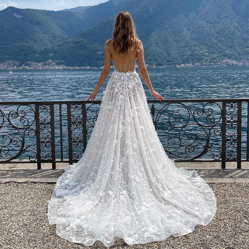 Fairytale High Side Split Boho Wedding Dresses A-Line Sweetheart Appliques Lace 3D Flowers Wedding Gowns Bohemia Bridal Dress