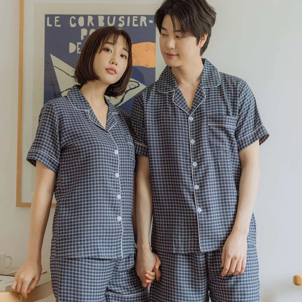 AONE Couples Square Check Short Sleeve Collar Set, Pajamas, Pajama Set, Pajama, Homewear, Style D-8803_04