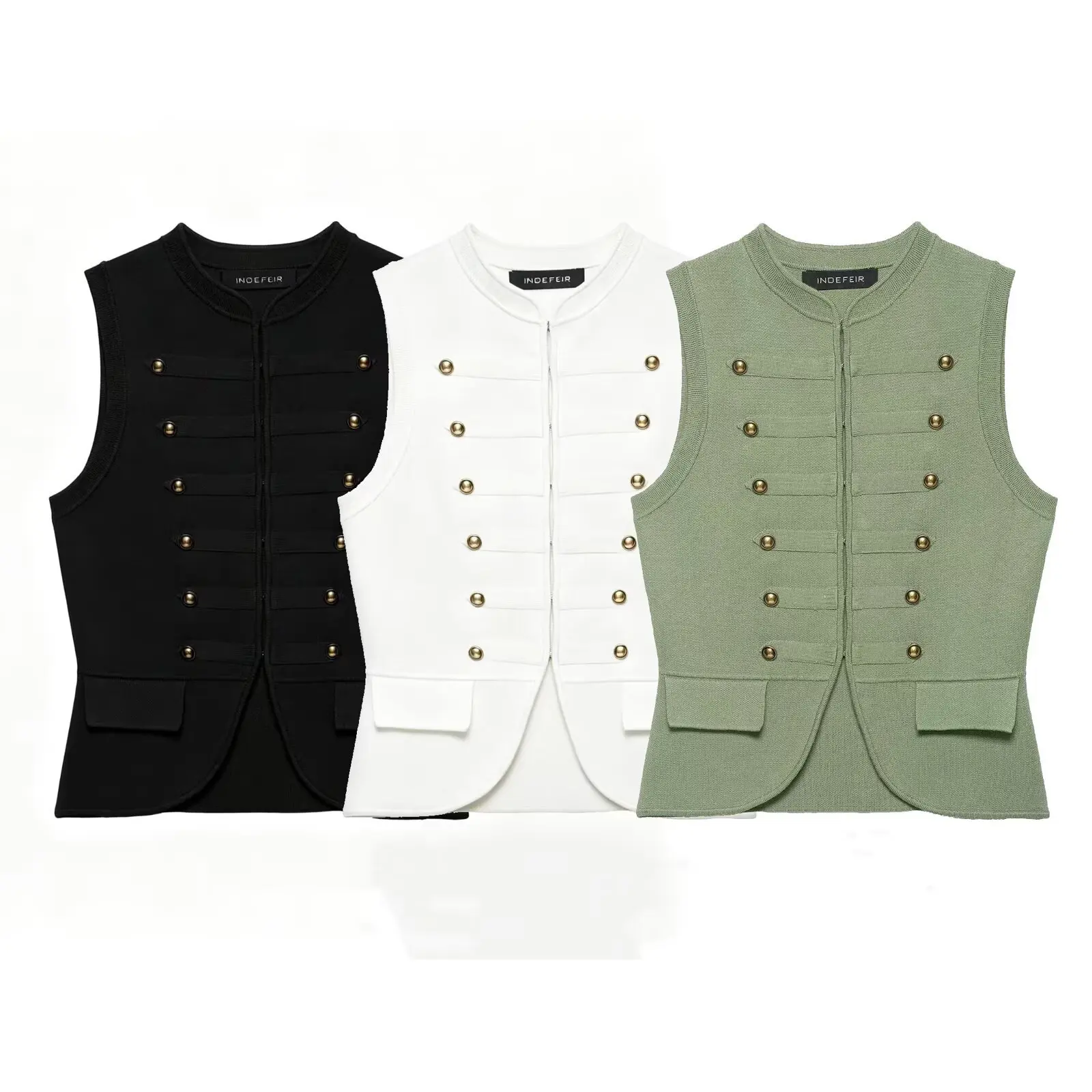 British Military Style Women Knitted Vest Double Breasted Gold Button Sleeveless Jacket Elegant Slim Fit Waistcoat Cardigan Top