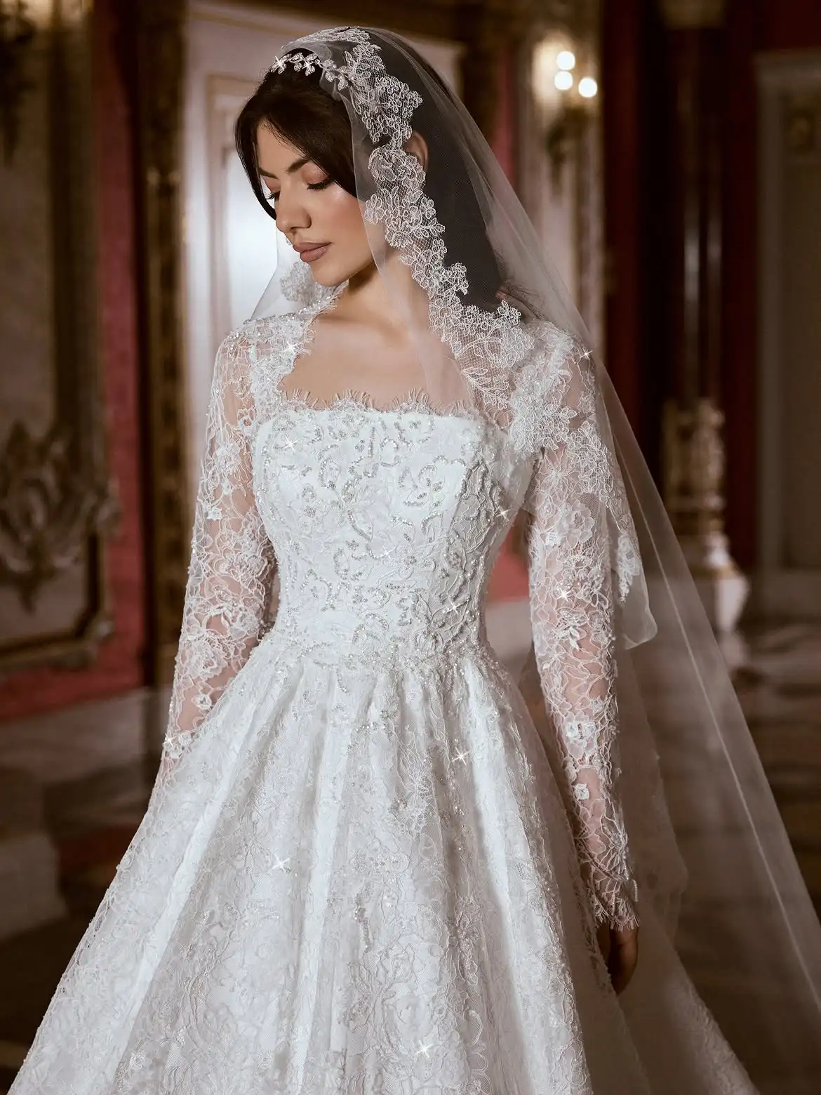 LumiGown2026 Ivory Square Neck Ballgown Wedding Gown Full Lace Long Sleeve Beaded Floral Applique Voluminous Chapel Train Bridal