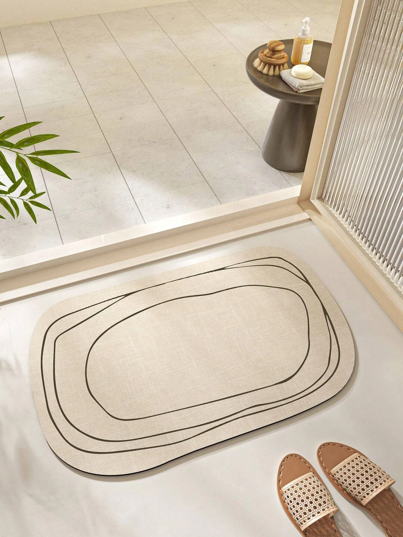 Geometrisch gemusterte Schlamm-Badematte, rutschfeste Kieselalgen-Gummiunterseite, schnell trocknender, ovaler, wasserabsorbierender Badezimmerteppich für Duschraum