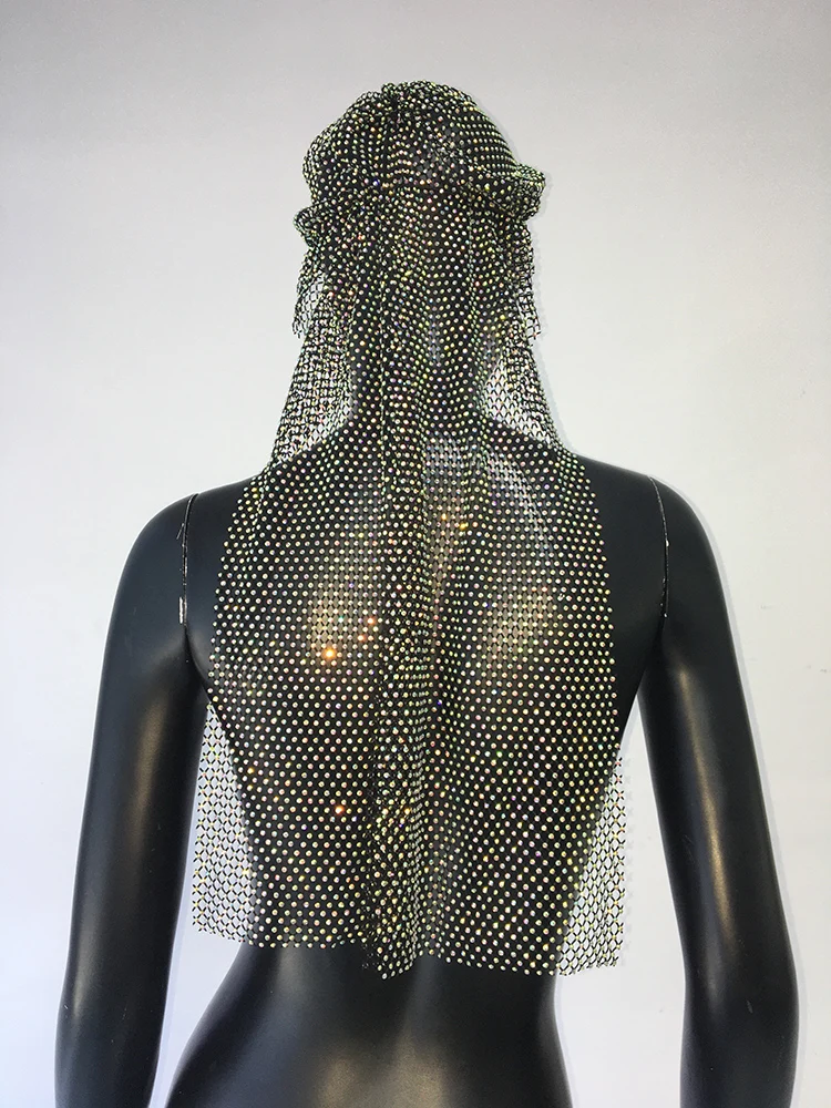 Luxe Strass Mesh Lange Hijab Hoofddoek Nacht Club Feest Rave Meisje Glanzende Diamant Vrouw Mode Hoofdband Tulband Hoofddoek