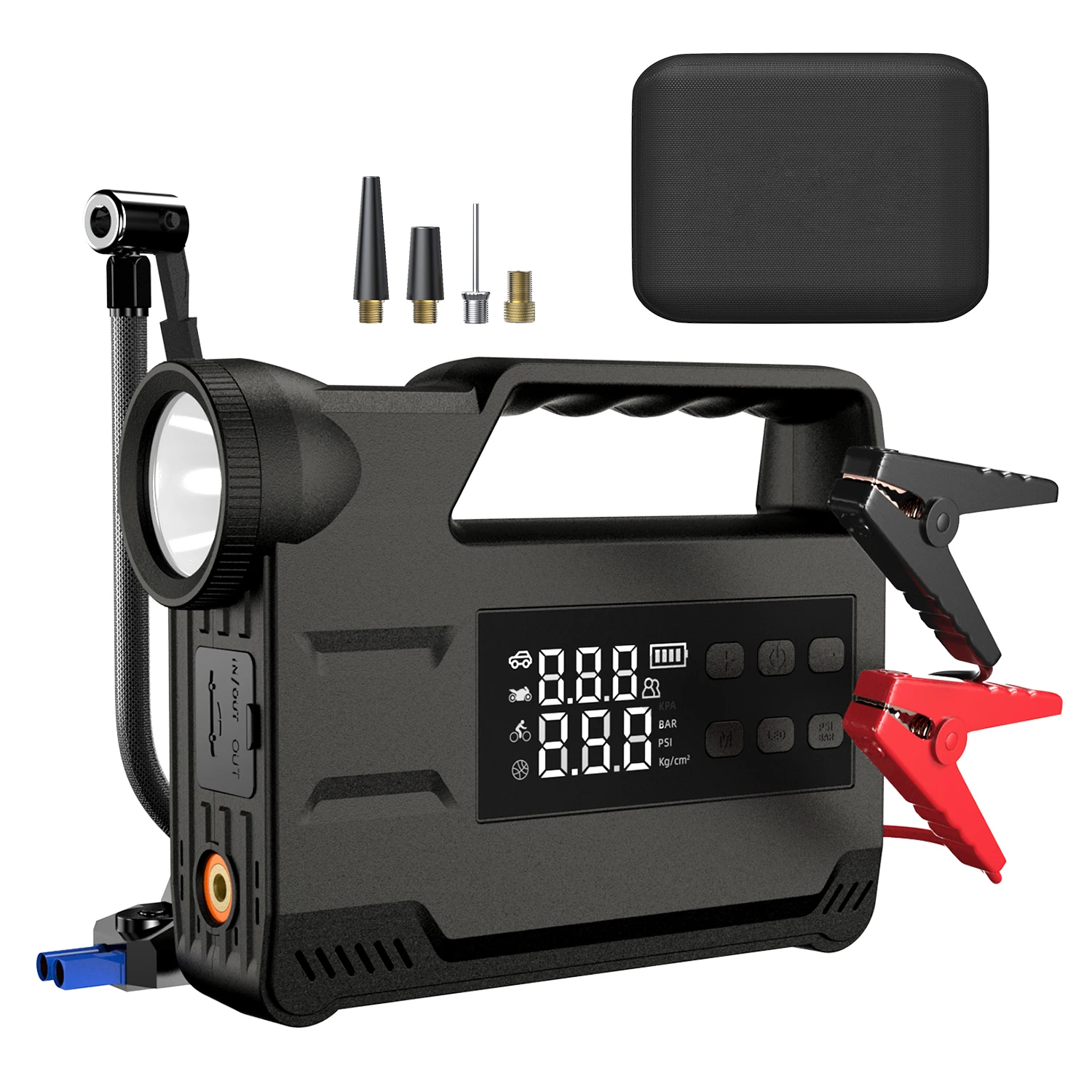 12V Auto-Starthilfe mit Luftkompressor, tragbarer Reifenfüller mit Reifendruckmesser, Notfall-Autobatterie-Booster, LED-Taschenlampe, Warnblitzlicht, USB-Powerbank
