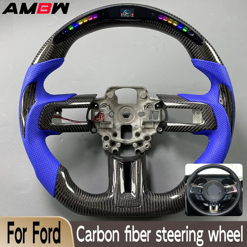 

For Ford Mustang V6 EcoBoost GT Shelby GT350 2015-2023 Carbon fiber steering wheel custom perforated leather LED display screen