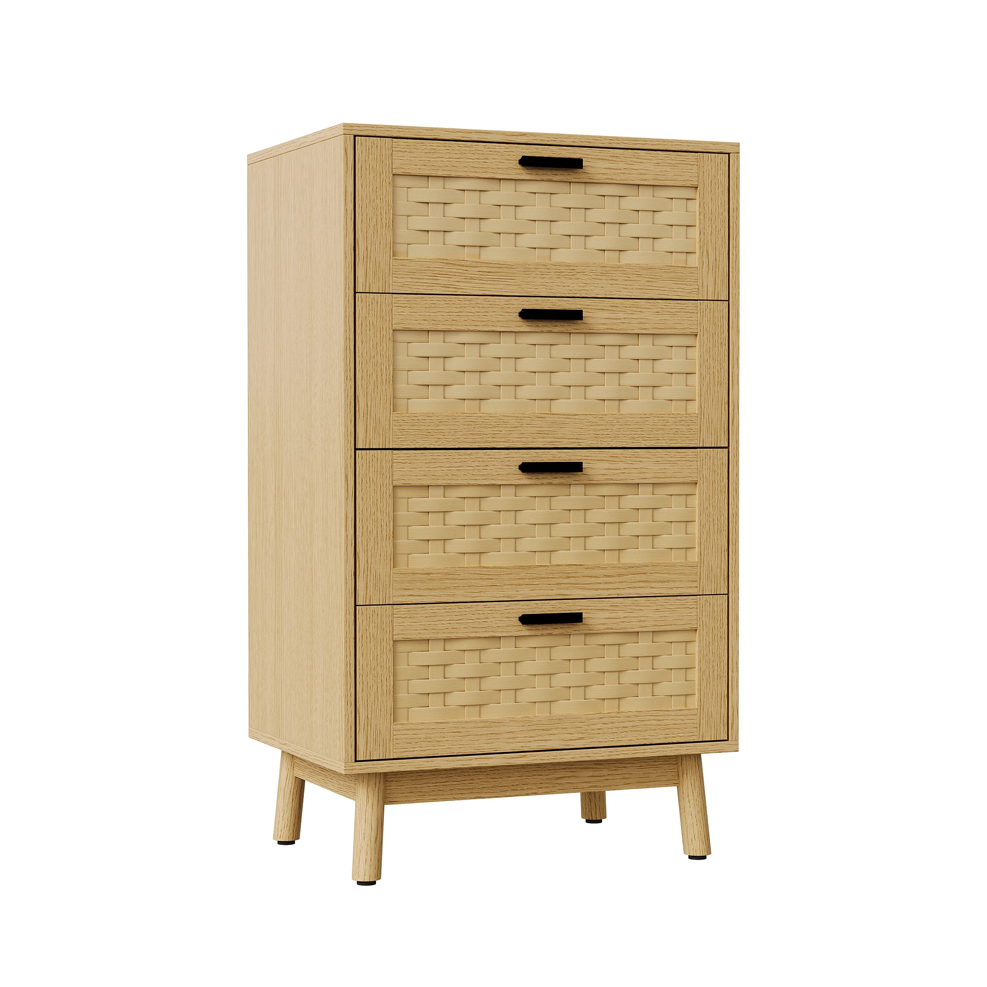 Rattan-Kommode mit vier Schubladen, PVC-Geflecht, Beine aus Gummiholz, Holzschrank der E1-Klasse, geeignet für Schlafzimmer, Wohnzimmer und Eingangsbereiche.
