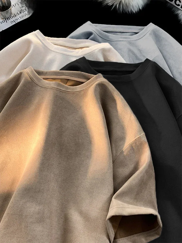 Nowa zamszowa koszulka retro Mężczyźni Kobiety Przeciwzmarszczkowa luźna koszulka z dekoltem Casual TShirts Letnia koszulka z krótkim rękawem Fashion High Street T Shirt — zdjęcie 2