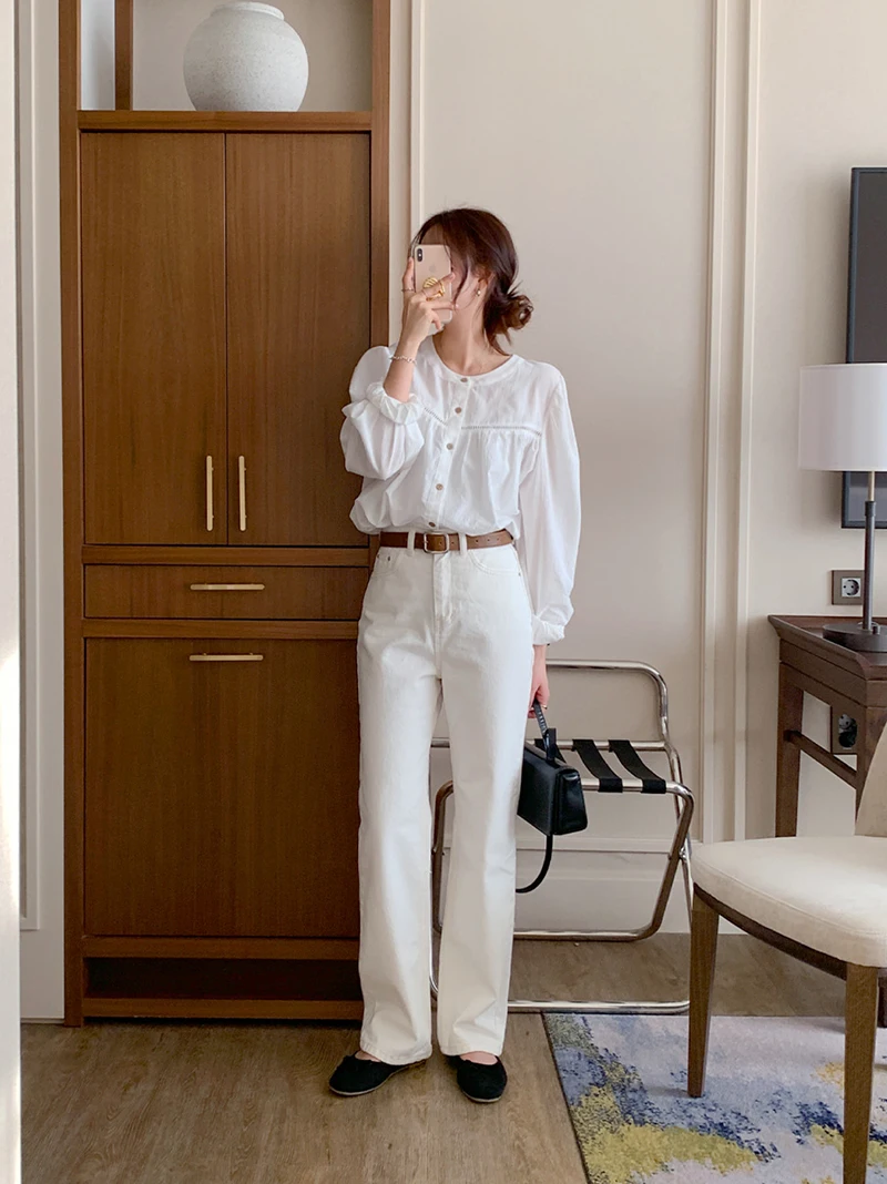 Korean Style Spring New Women Blouses Punching Puff Ssleeve Ring White Long-sleeved Shirt