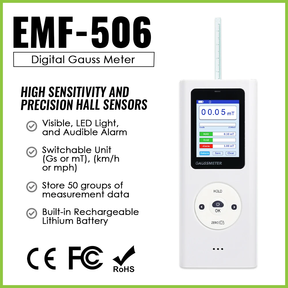 High Sensitivity Digital Gauss Meter Colored Display Magnetic Field Tester 0~25k Gs / 0~2500 MT Range High Precision Sensor