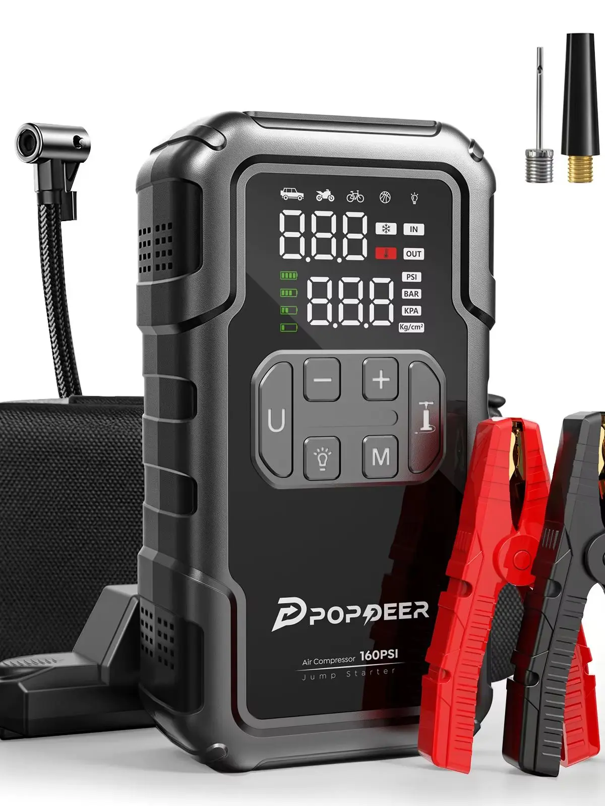POPDEER PD-JA2 4000A Starthilfe mit 160PSI Luftkompressor, 8,0L Benzin/6,0L Diesel Booster, 600LM Licht & Powerbank, Großer Bildschirm