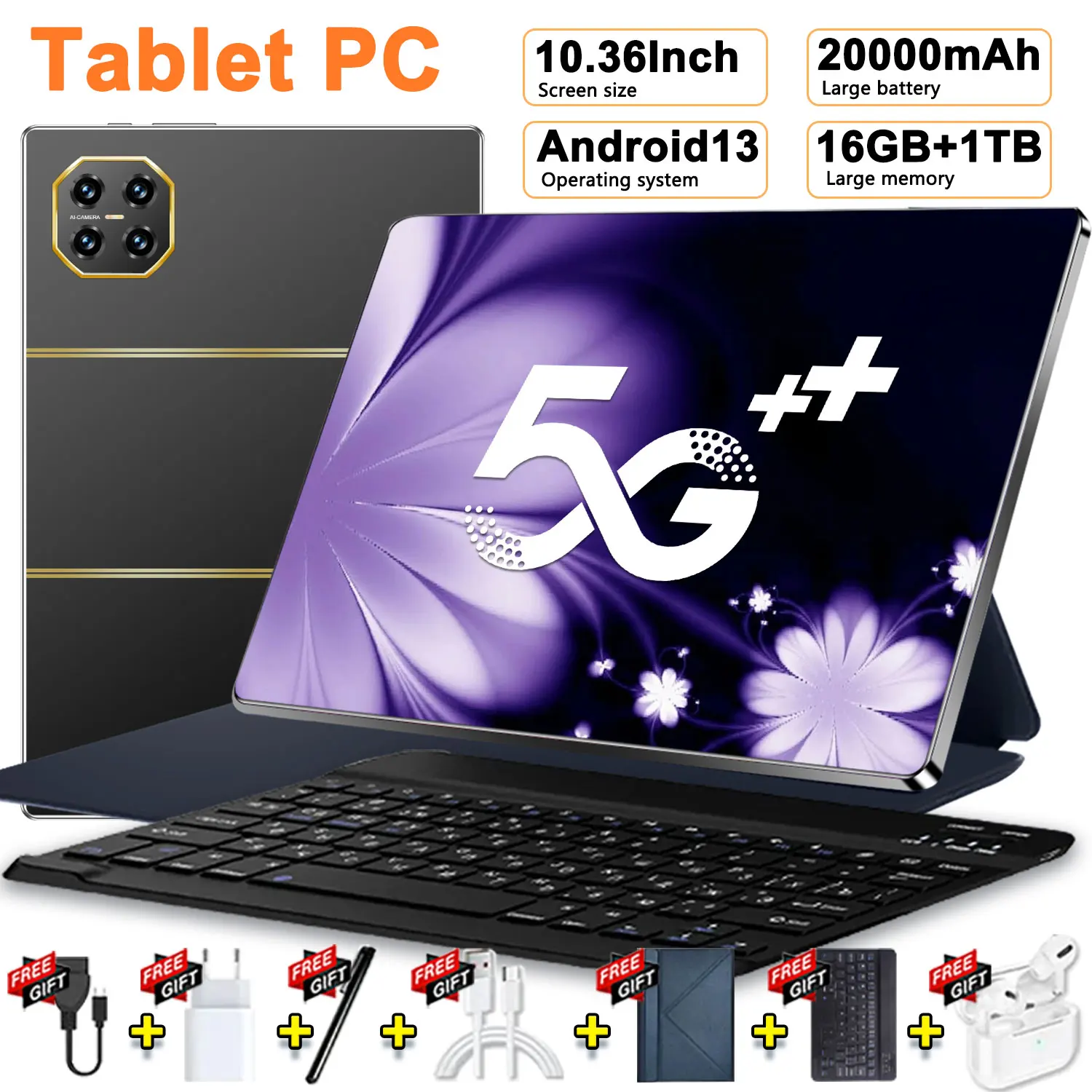 Tableta 5G Android 13, 20000mAh, Doble SIM, 14 Núcleos, Cámara de 16+32MP, Pantalla HD de 10.36 Pulgadas, 16GB, 1TB, WiFi, BT, GPS, Tableta