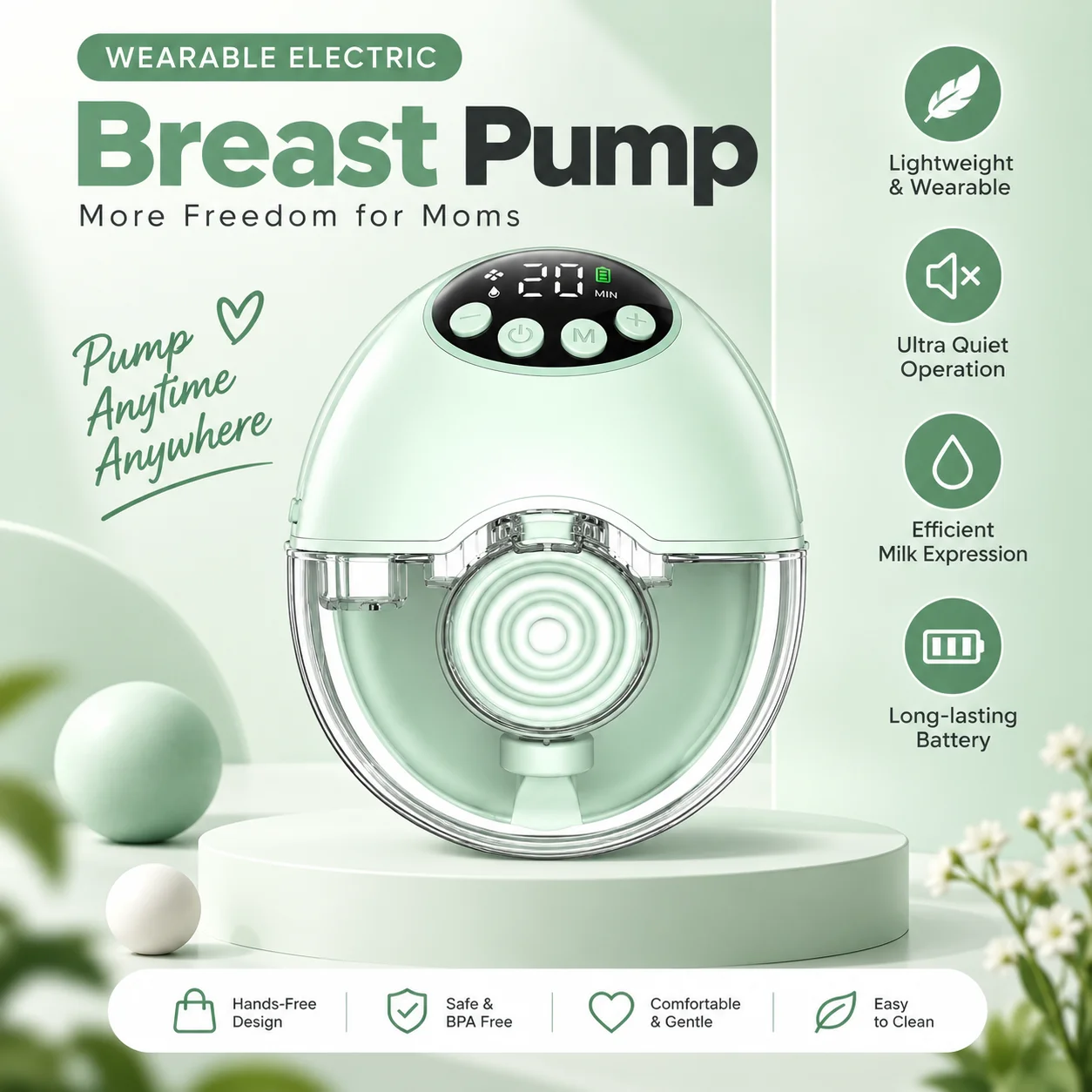 Wearable Electric Breast Pump Hands Free Breast Milk Pump Portable Nursing Pump 3 Modes Adjustable Suction LED Display Milk Leve