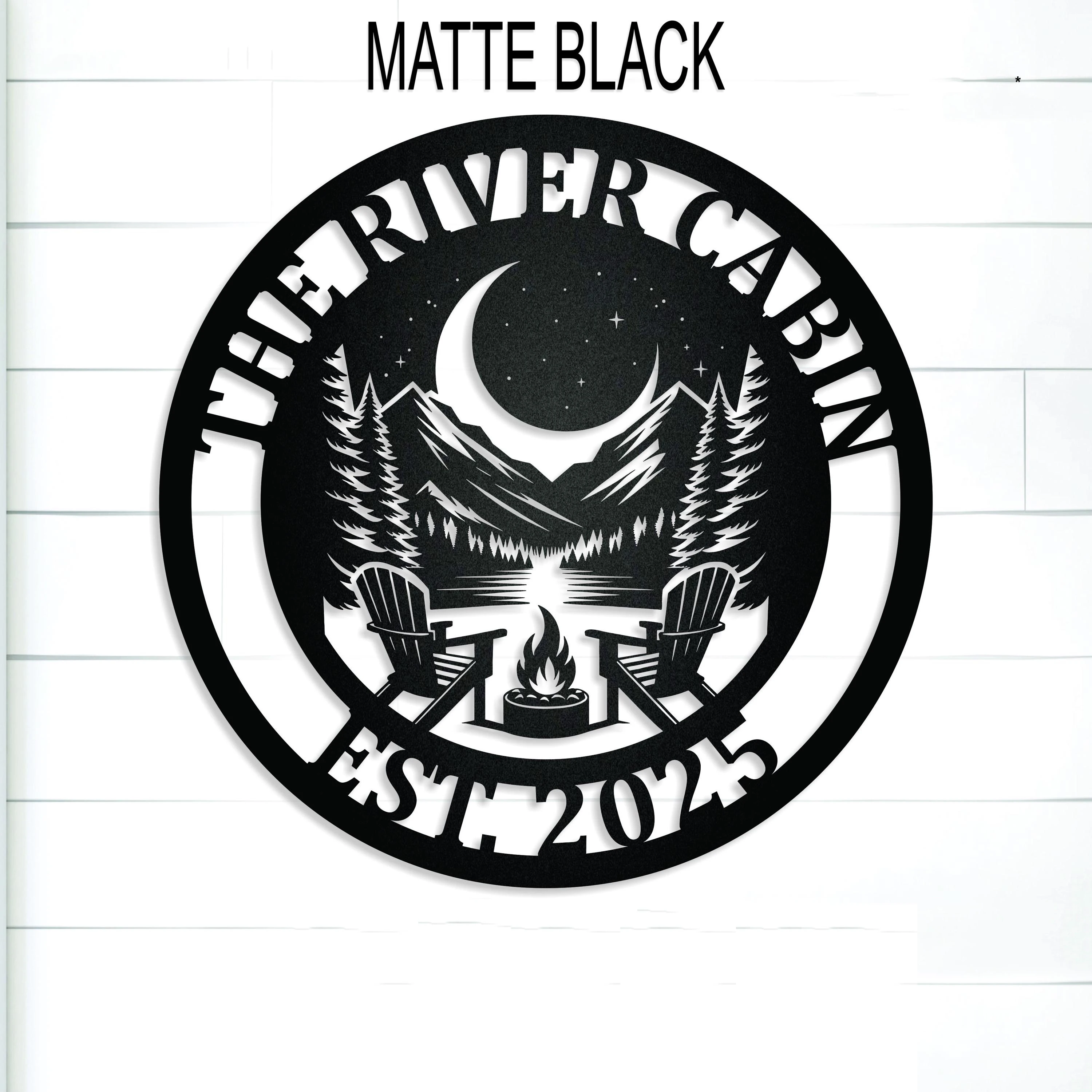 

Custom campfire firepit mountain moon metal sign, personalized campsite camping outdoors forest rural nature sign