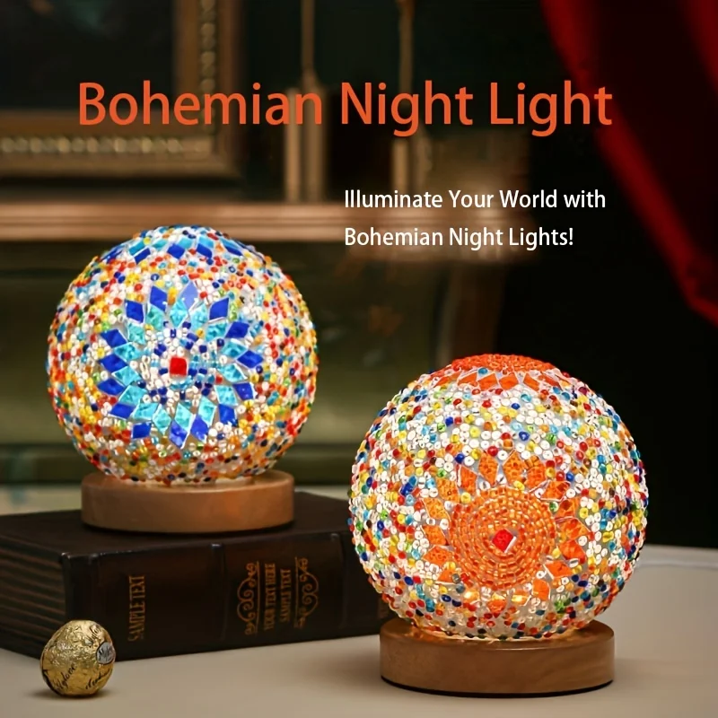 Mosaic Glass Ball Table Lamp Ball Lamp With Wooden Base Turkish Moroccan Round Small Lamp For Bedroom Living Room Home Decor