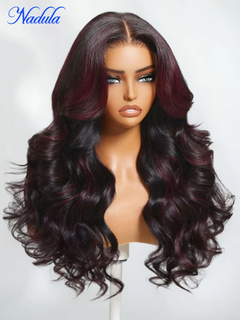 Nadula 13x4 Pre tutto ™   La ciliegia nera evidenzia strati di carrozzeria morbida onda sciolta con frangia per capelli con coulisse