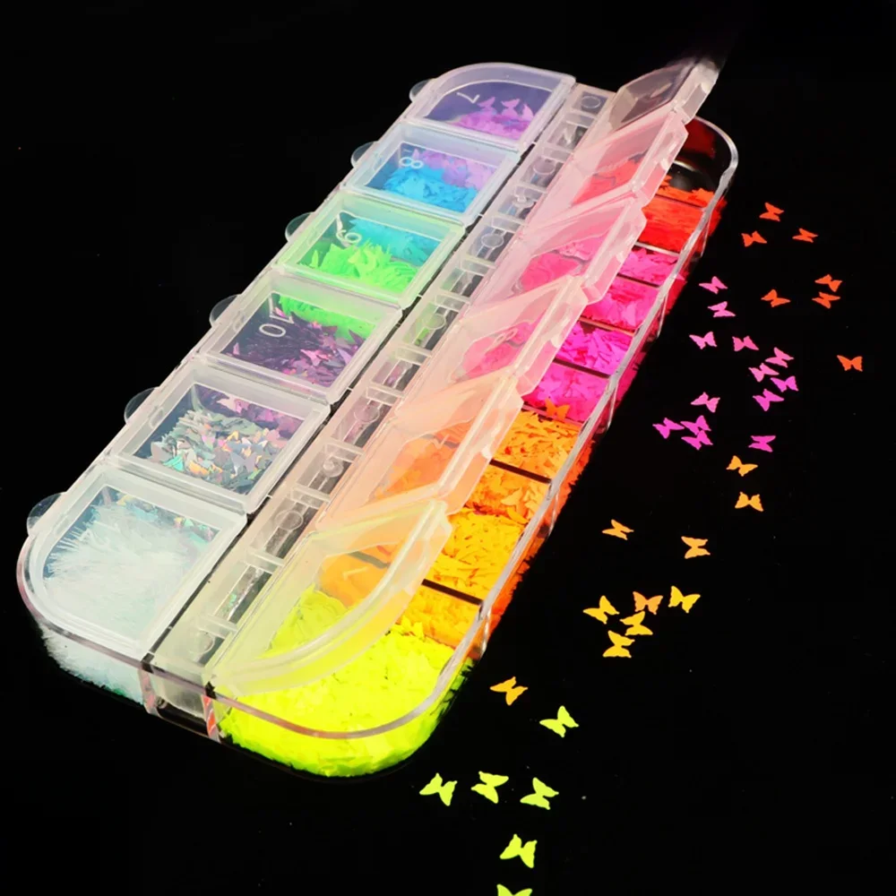 1 caixa de fluorescência forma borboleta arte do prego flocos de glitter 3d lantejoulas coloridas