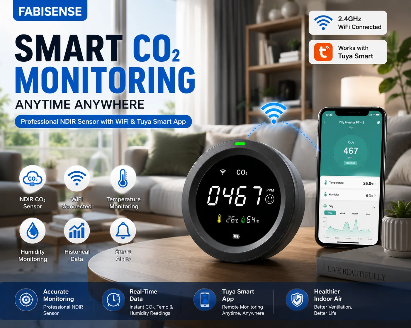 FABISENSE Intelligenter Kohlendioxiddetektor Multifunktionaler Tragbarer Temperatur- und Feuchtigkeitsmesser mit App-Alarm Luftqualitäts-CO2-Monitor – Detail 1