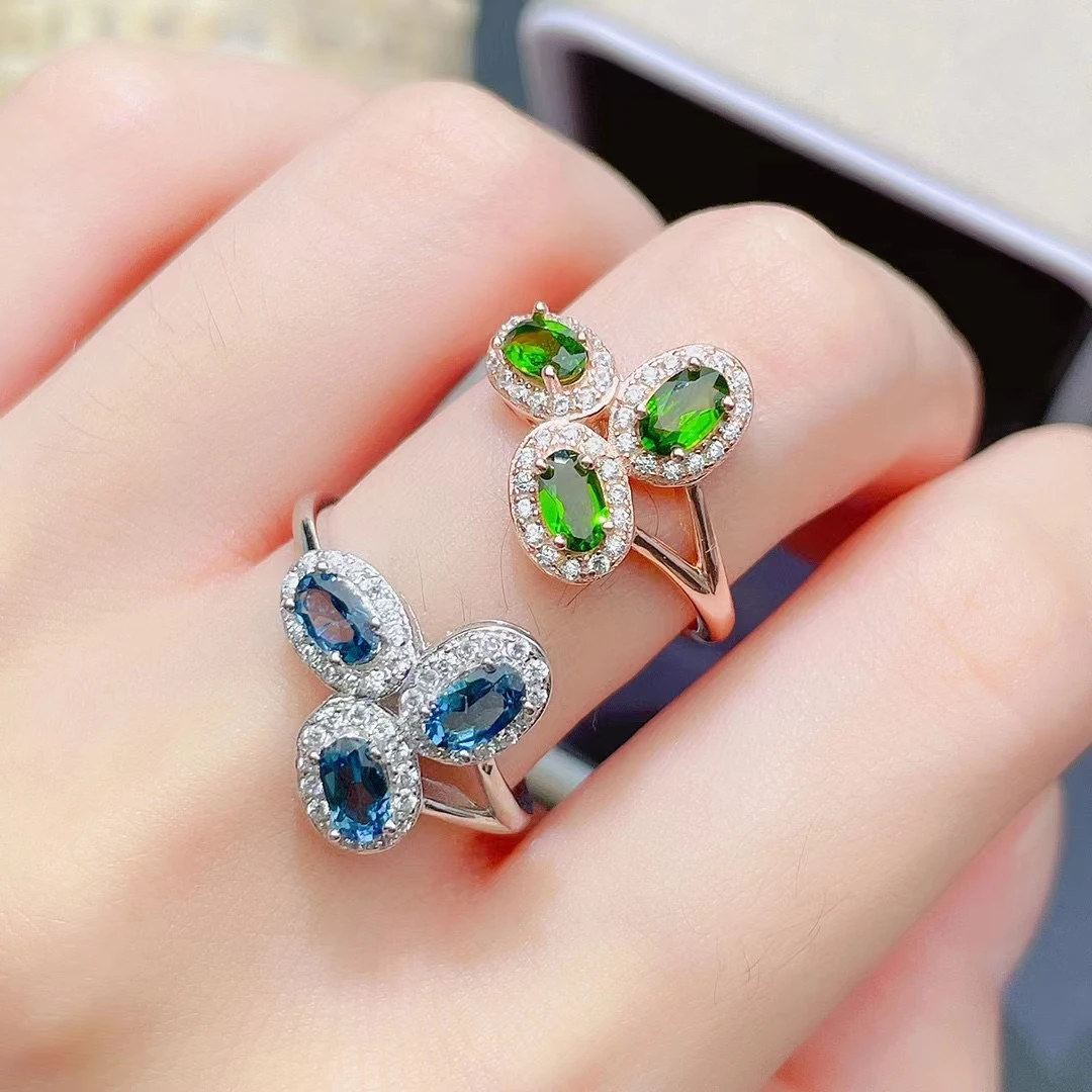 

Fine Jewelry 925 Sterling Silver Natural Blue Topaz Diopside Gemstone Ladies Ring Mini Marry Got Engaged Party Girl Gift New